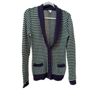 BP (L) woven cotton waffle cardigan sweater button down, navy and green, large